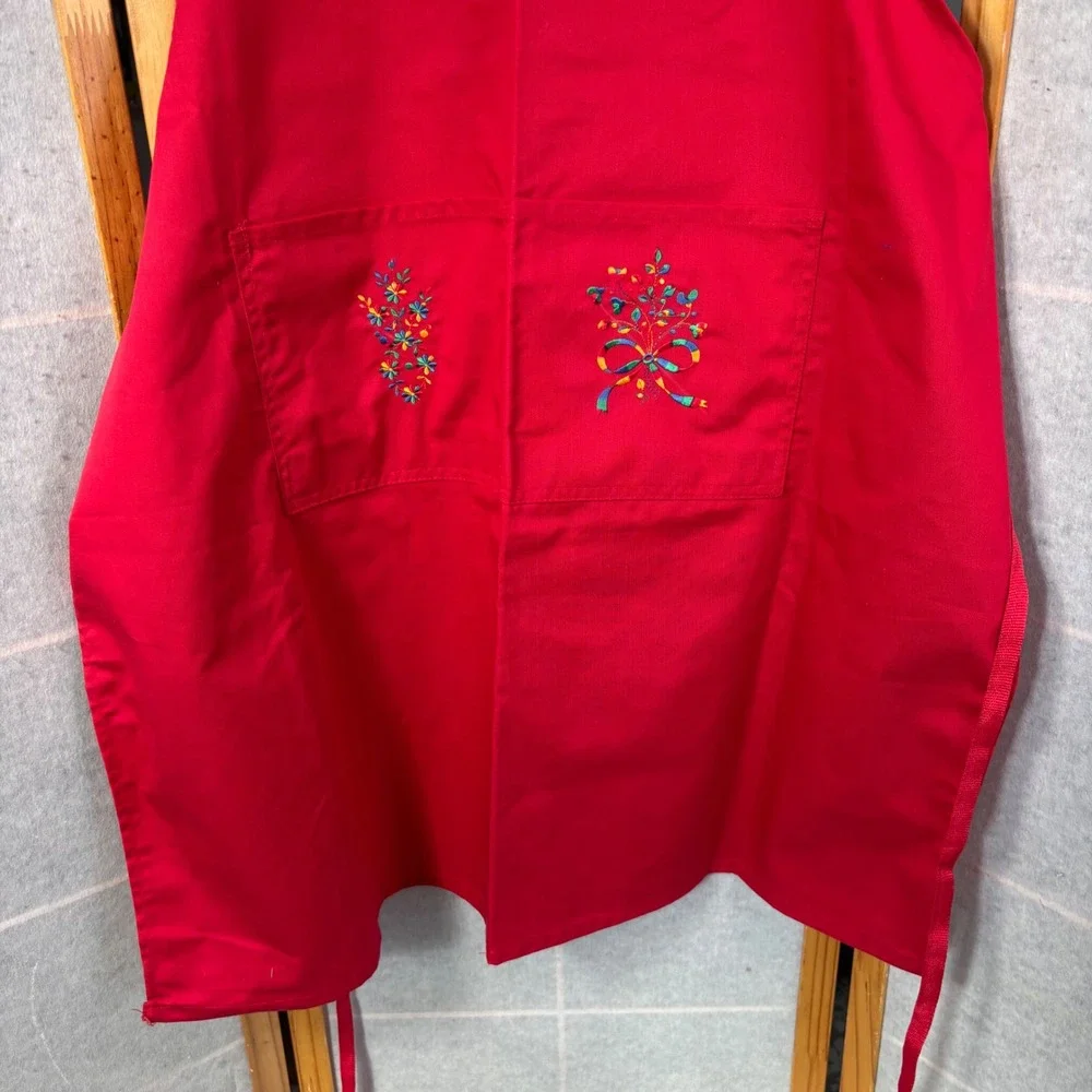 Dependability Bib Apron OS Red Floral Embroidered Pockets Twill‎ Workwear